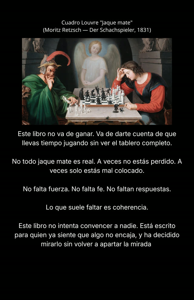 Contraportada: el cuadro «Jaque mate» de Moritz Retzsch (1831) y el texto del libro